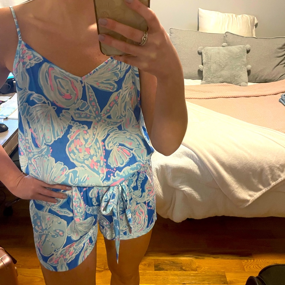 Lilly Pulitzer Deanna Tank Top Romper - Bay Blue and Pink - Size M